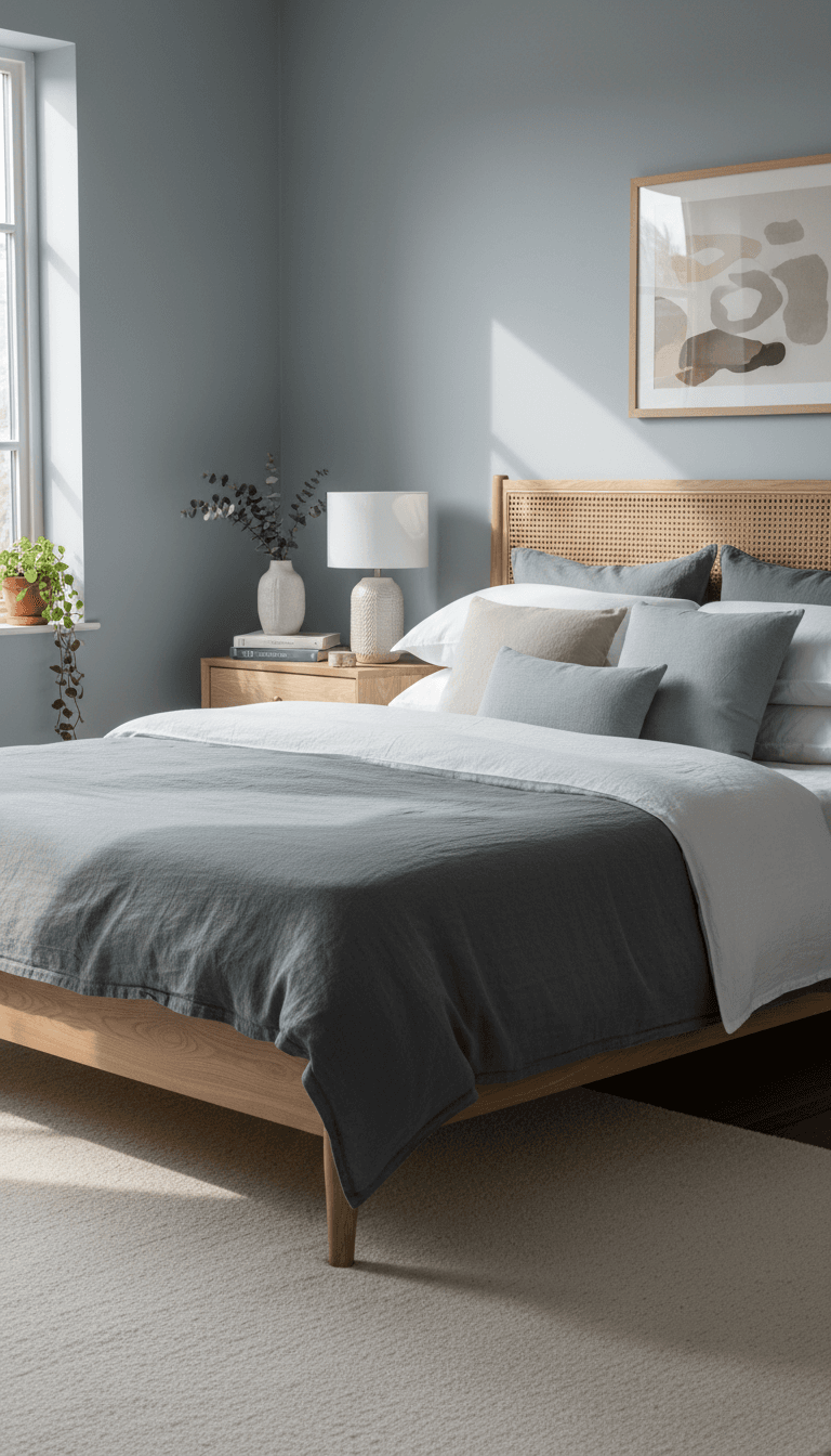 Bedroom furniture set with coordinated decor and soft lighting