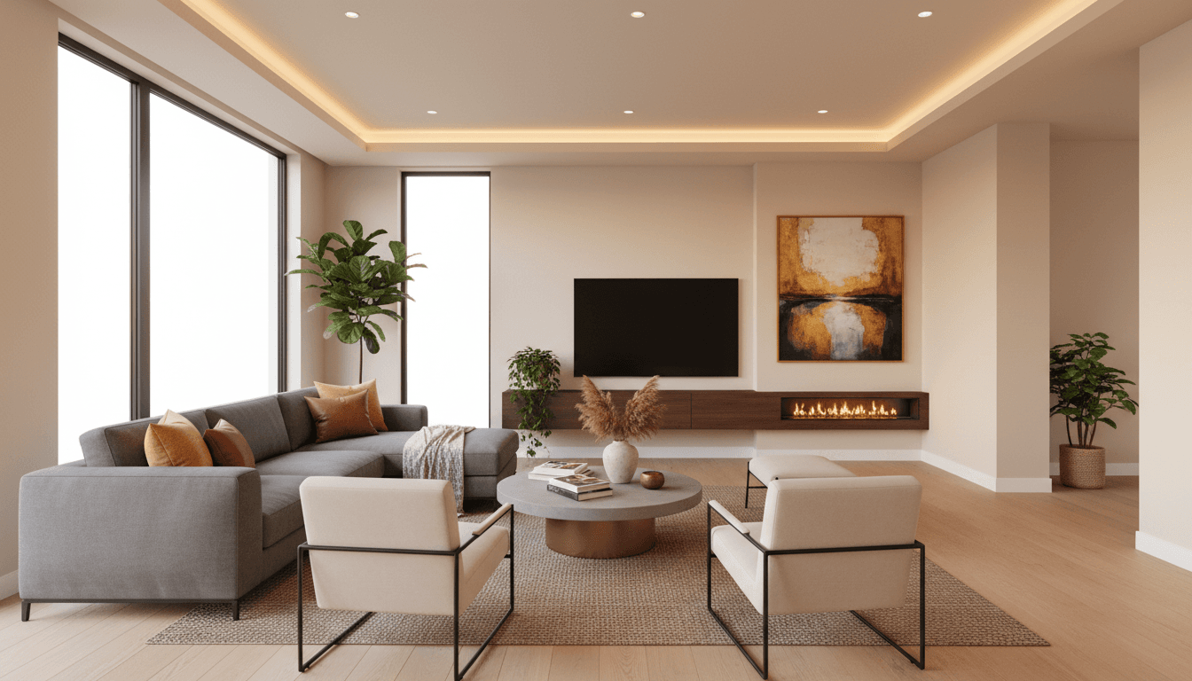 Beautifully decorated modern living room with contemporary furniture and warm lighting
