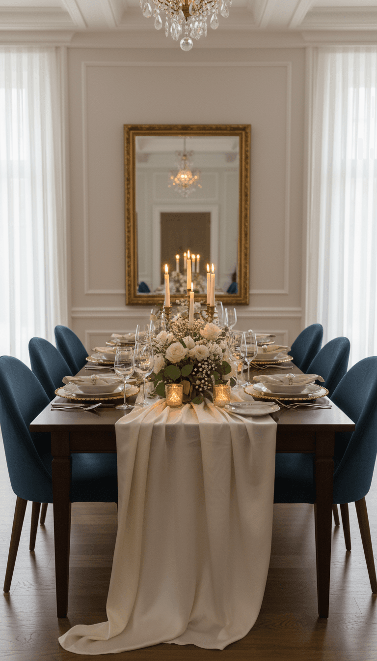 Dining room furniture with table settings and home decor accessories