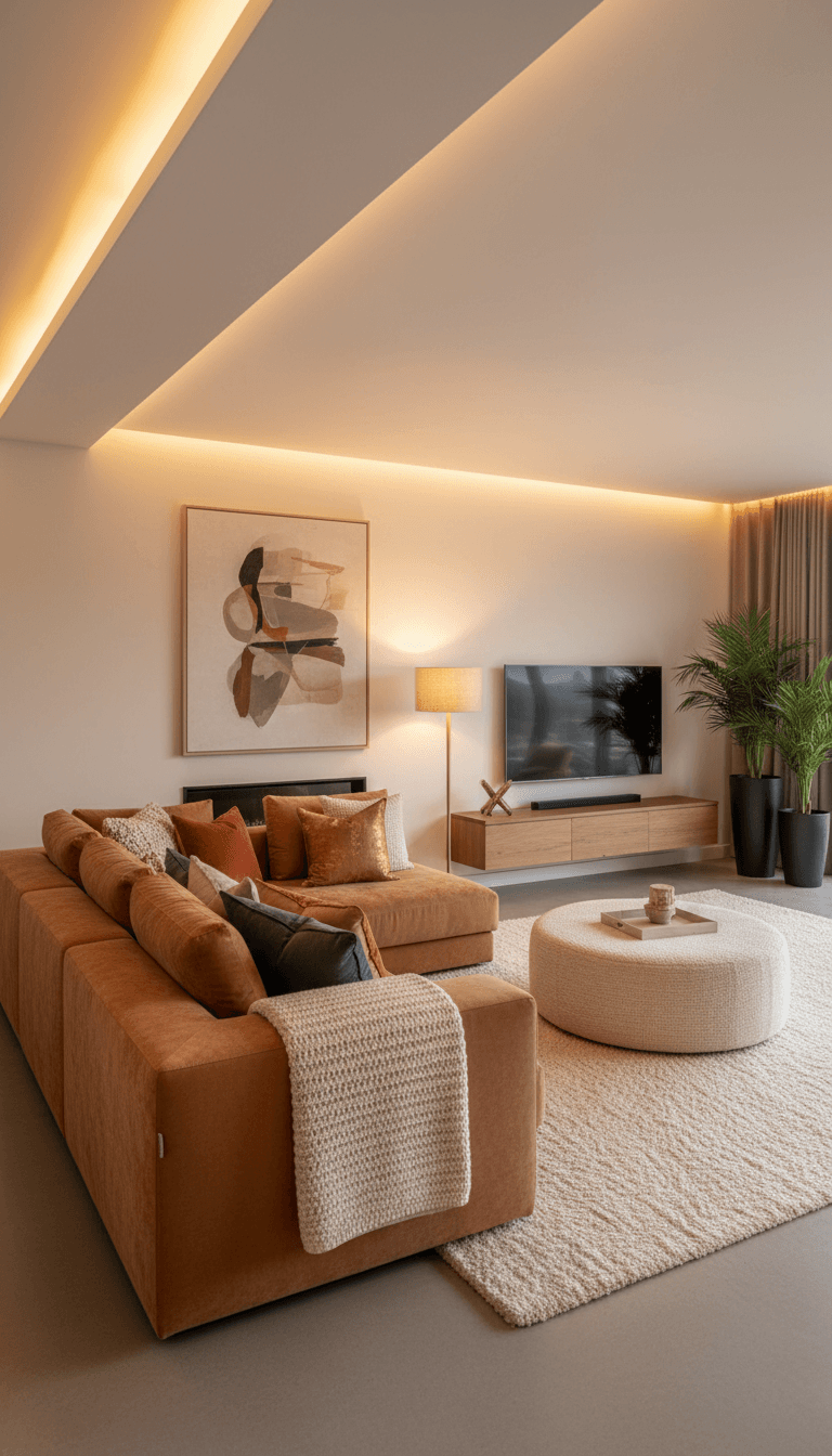Living room furniture with modern sofa and home accessories