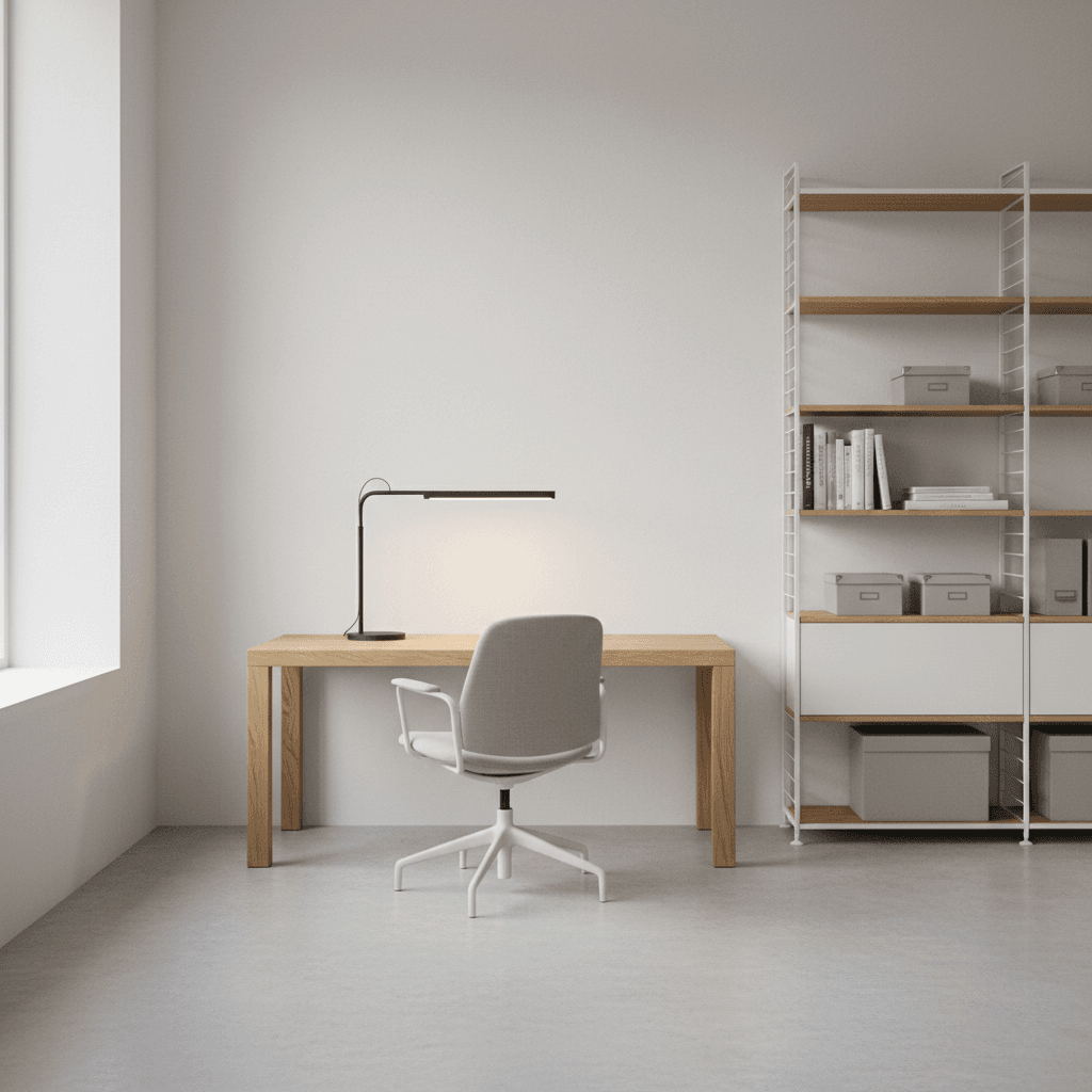 Home office furnished with desk and storage solutions